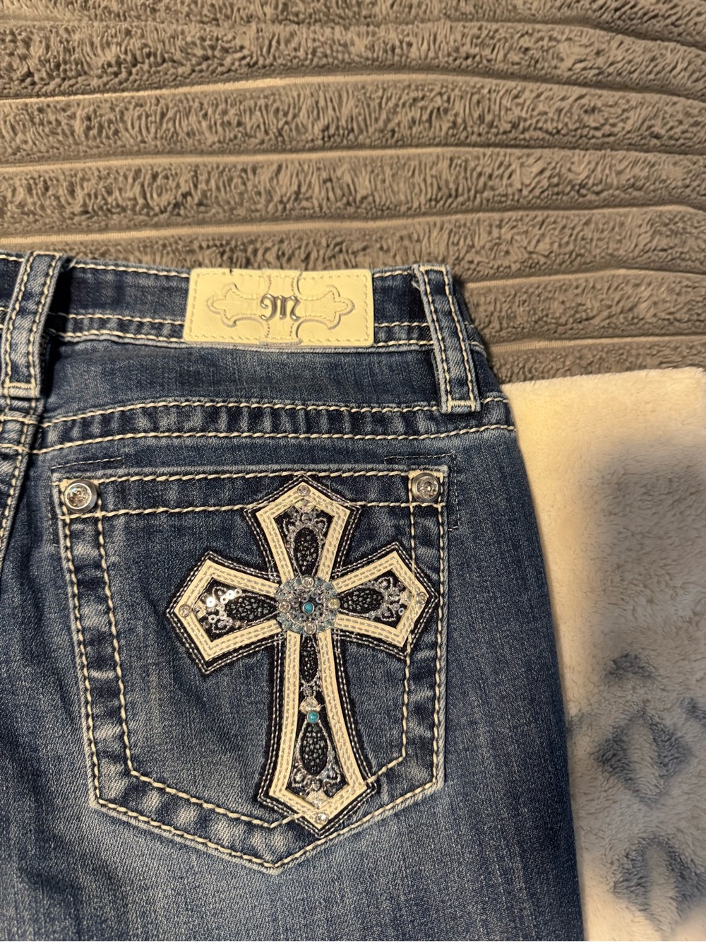 Miss Me Blue Bootcut Jeans with Embroidered Cross Pocket